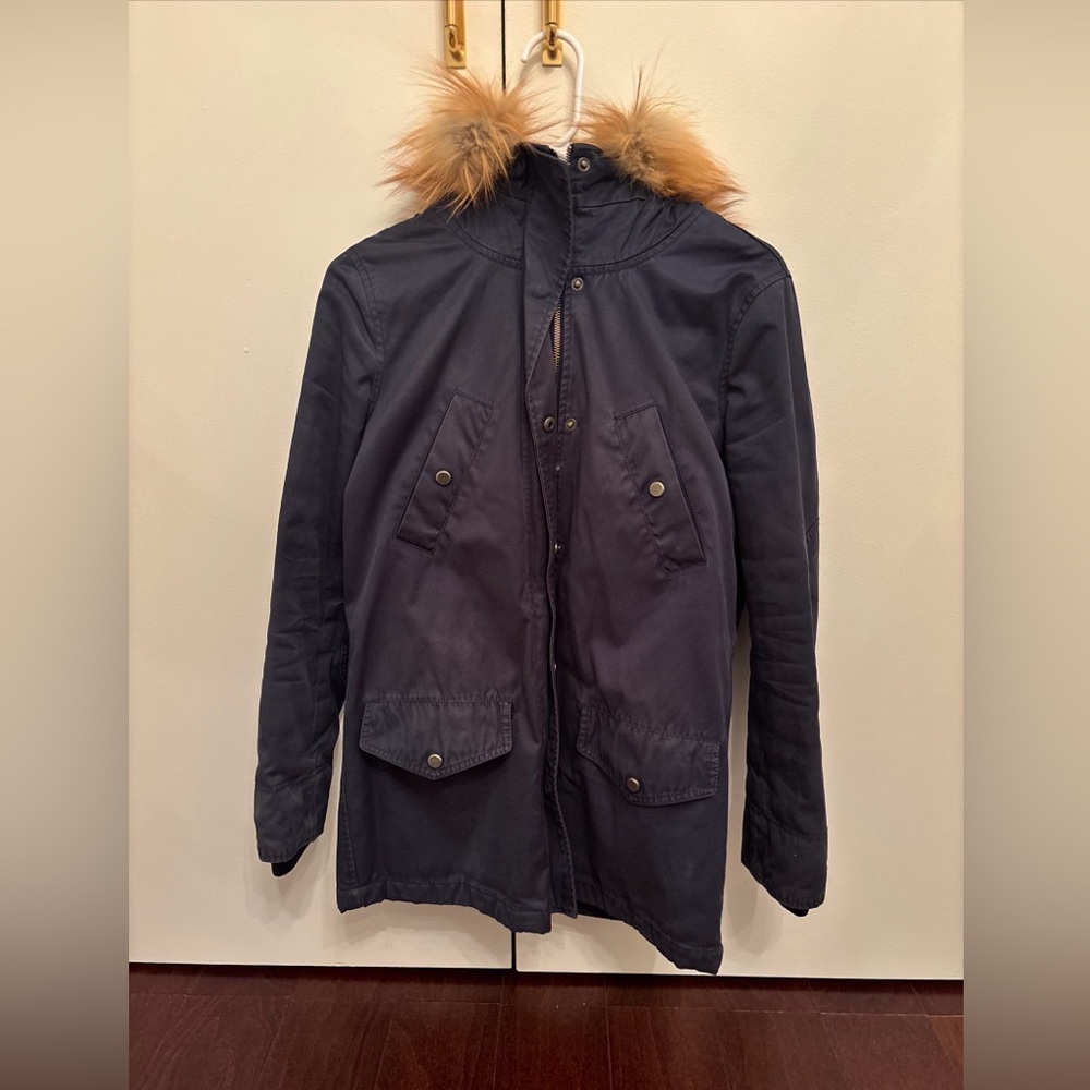 Barneys New York Dark Blue parka with Fed Fox Fur hood trim